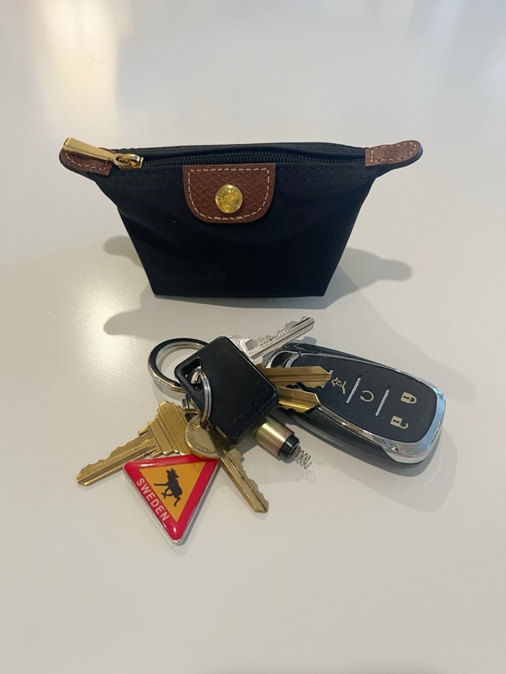 Longchamp Le Pliage Original Coin Purse. Black & Brown Small Pouch Gold Hardware